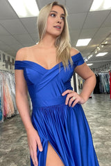 Off Shoulder Royal Blue Satin Prom Dress with Slit