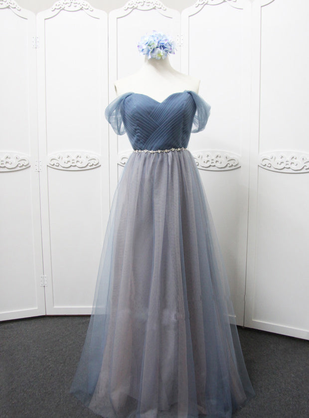 Off The Shoulder Grey Tulle Bridesmaid Dess