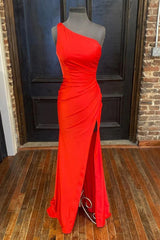 One Shoulder Hot Pink Prom Dress with Slit