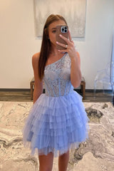 One-Shoulder Lavender Lace Ruffle Tiered Short Homecoming Dress