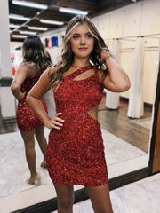 One Shoulder Sleeveless Sequined Fitted Homecoming Dress