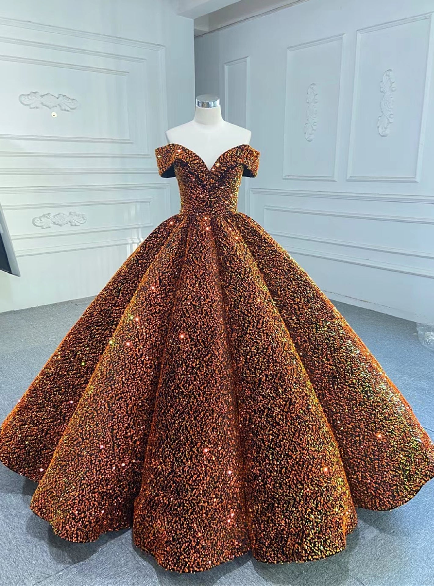 Orange Ball Gown Sequins Off the Shoulder Prom Dress