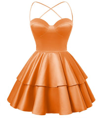 Orange Satin Homecoming Dress Sweetheart Neck Tiered Short Graduation Dresses