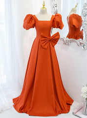 Orange Satin Puff Sleeve Prom Dress With Bow