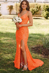 Orange Sparkly Mermaid V Neck Sequins Long Prom Dress