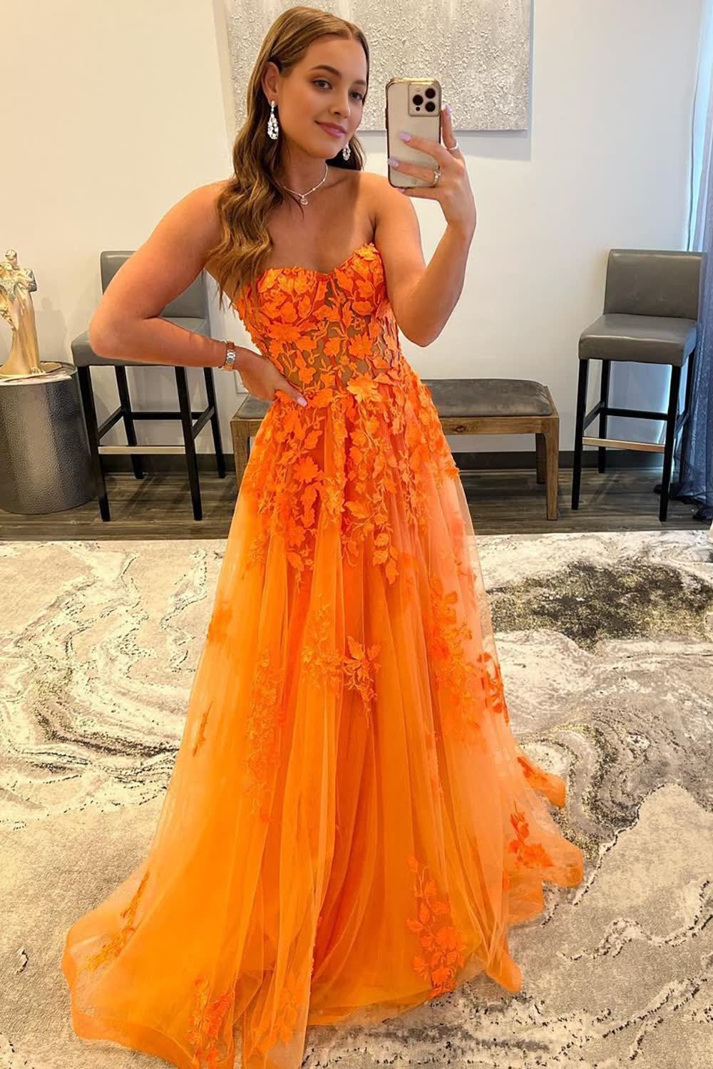 Orange Sweetheart Long Prom Dress with Appliques