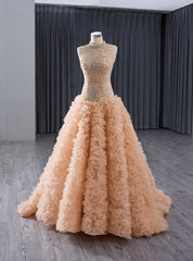 Orange Tulle Mermaid Ruffles Beading Crystal Prom Dress