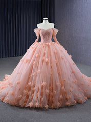 Orange Tulle Off the Shoulder Appliques Beading Prom Dress