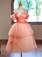 Orange Tulle Spaghetti Straps Tiers Flower Homecoming Dress