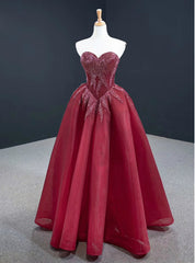 Order Your Ideal Sexy Burgundy Tulle Sweetheart Beading Long Prom Dress