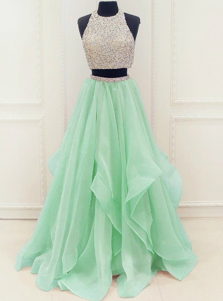 Organza Ruffles Two Piece Beading Sequins Prom Dress