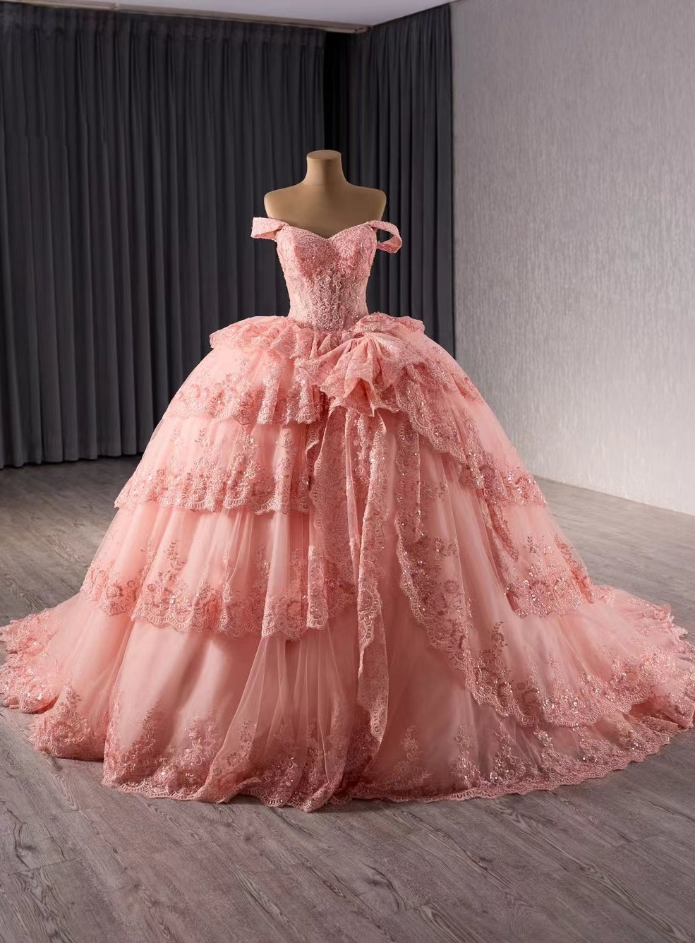 Pink Ball Gown Lace Tiers Prom Dress