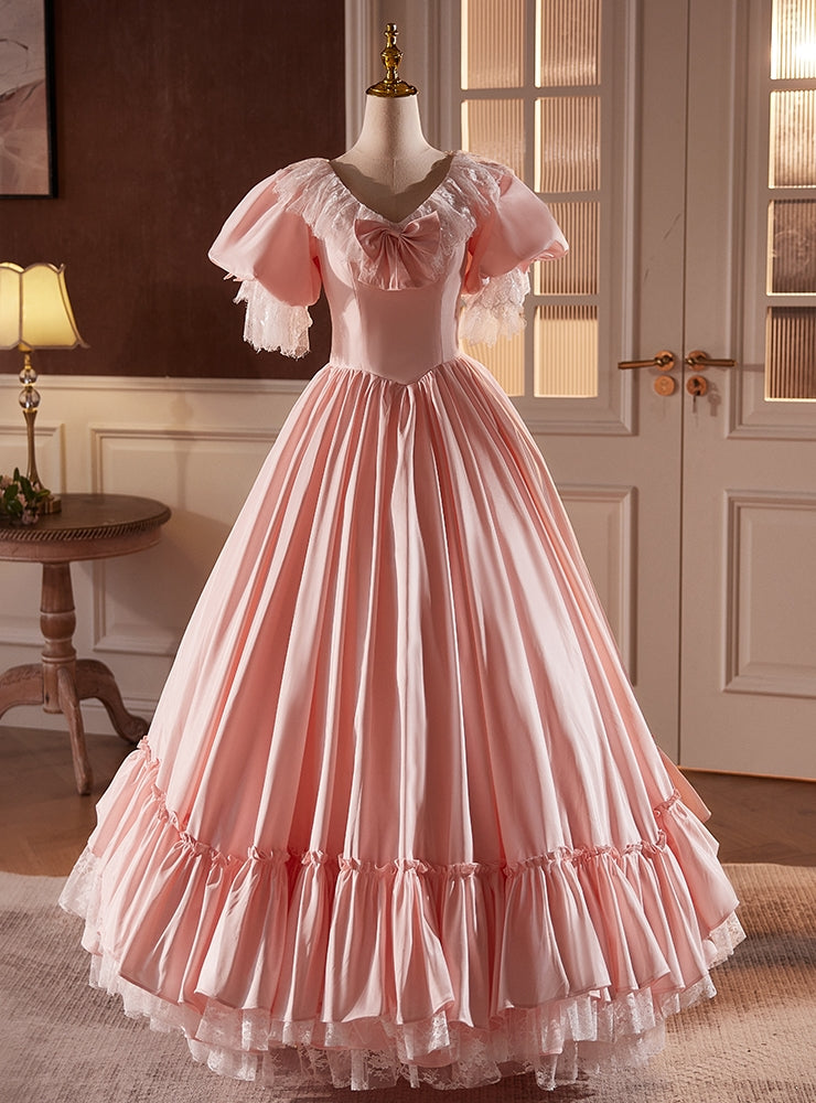 Pink Ball Gown V-neck Puff Sleeve Satin Lace Prom Dress