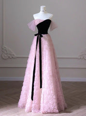 Pink Flower Strapless Black Velvet Prom Dress