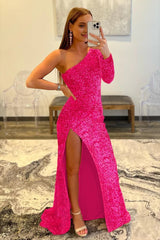 Pink One Shoulder Sequined Prom Dress