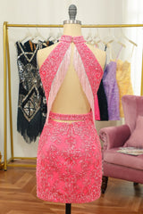 Pink Open Back Halter Lace Tight Short Homecoming Dress