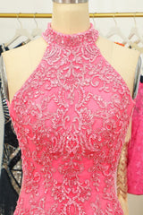 Pink Open Back Halter Lace Tight Short Homecoming Dress