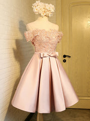 Pink Satin Appliques With Bow Homecoming Dress