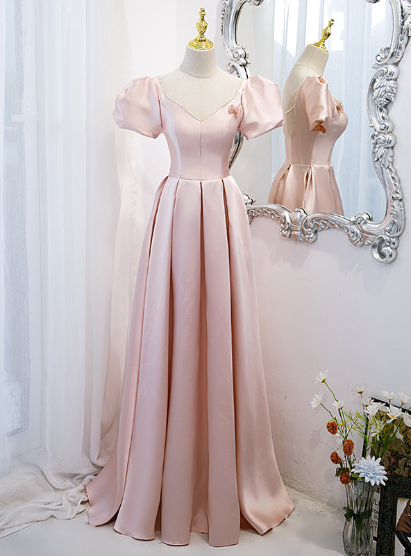 Pink Satin Short Sleeve Pearls V-neck Prom Dress