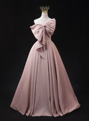 Pink Satin Strapless Bow Prom Dress