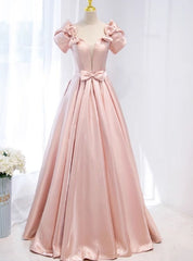 Pink Short Sleeve Bow Prom Dress