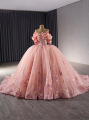 Pink Tulle 3D Flower Off the Shoulder Prom Dress