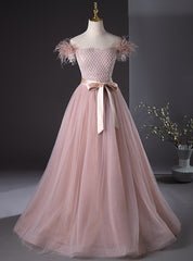 Pink Tulle Off the Shoulder Beading Feather Prom Dress