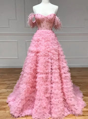 Pink Tulle Off the Shoulder Beading Tiers Prom Dress