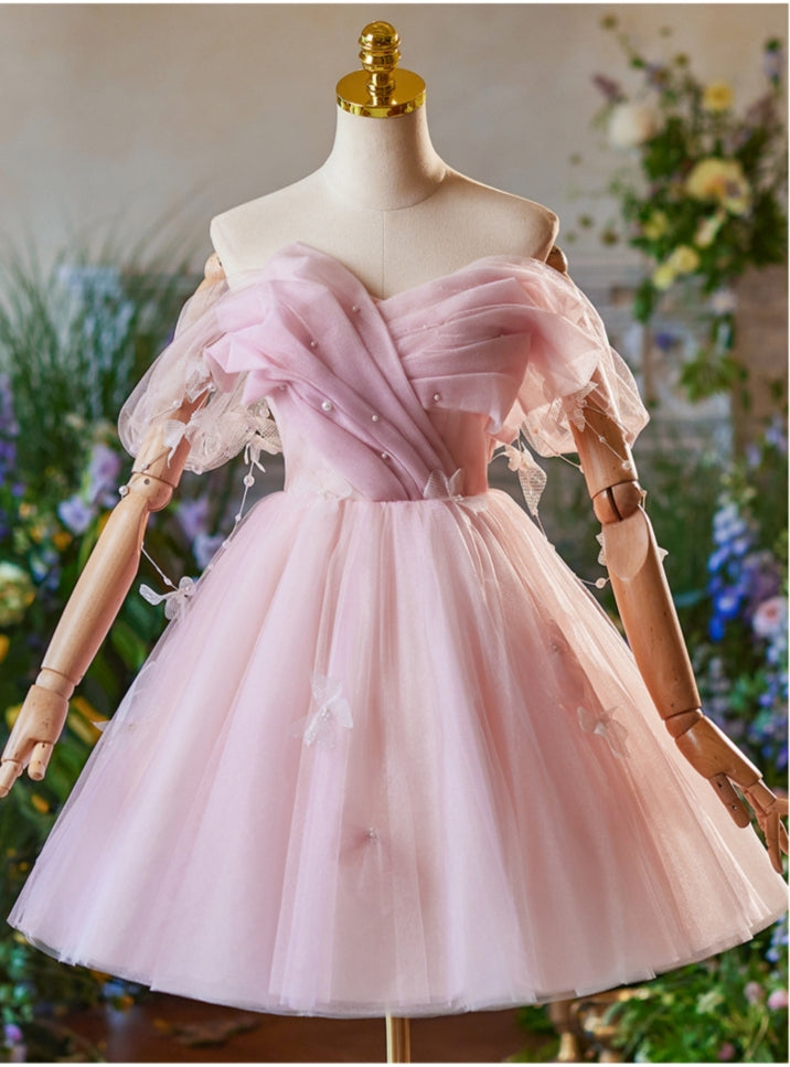 Pink Tulle Off the Shoulder Pleats Pearls Homecoming Dress