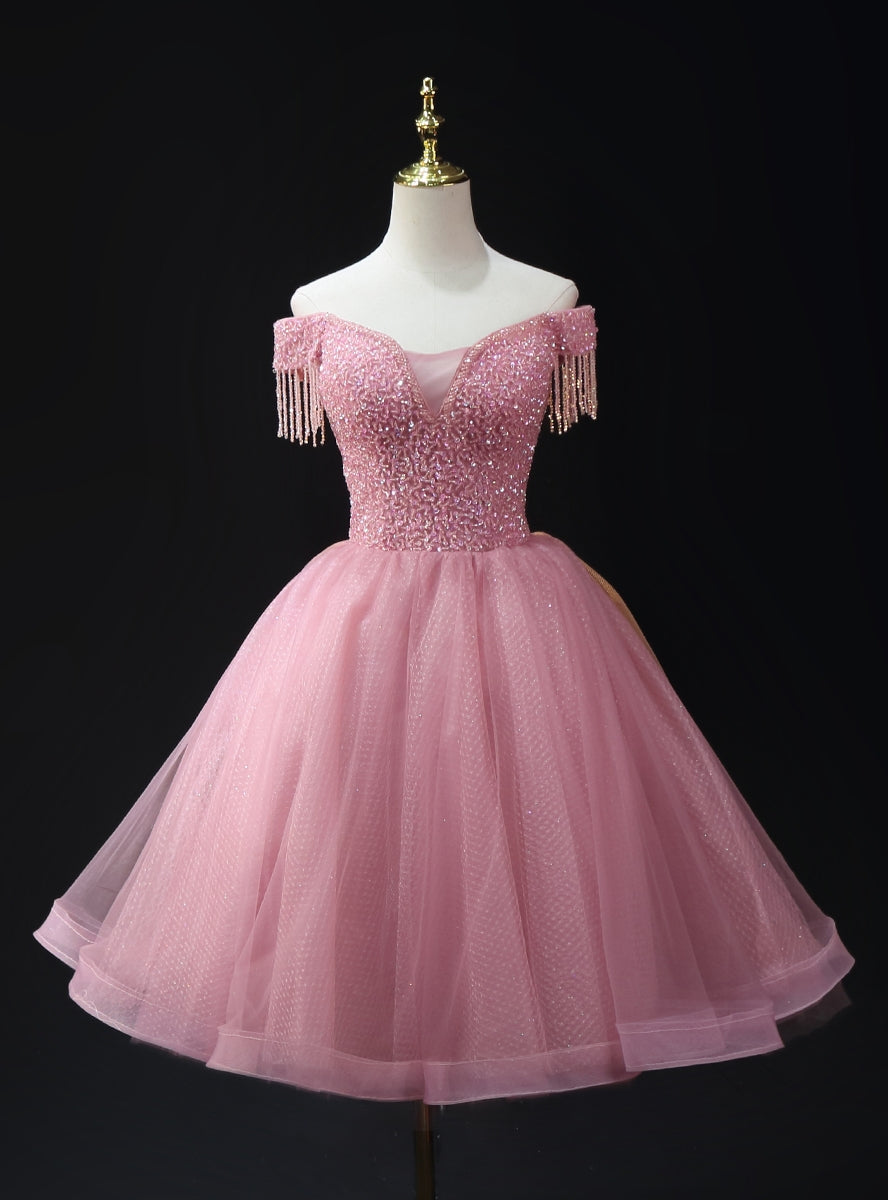 Pink Tulle Sequins Off the Shoulder Beading Homecoming Dress