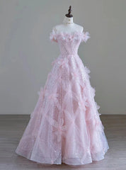 Pink Tulle Sequins Off the Shoulder Flower Prom Dress