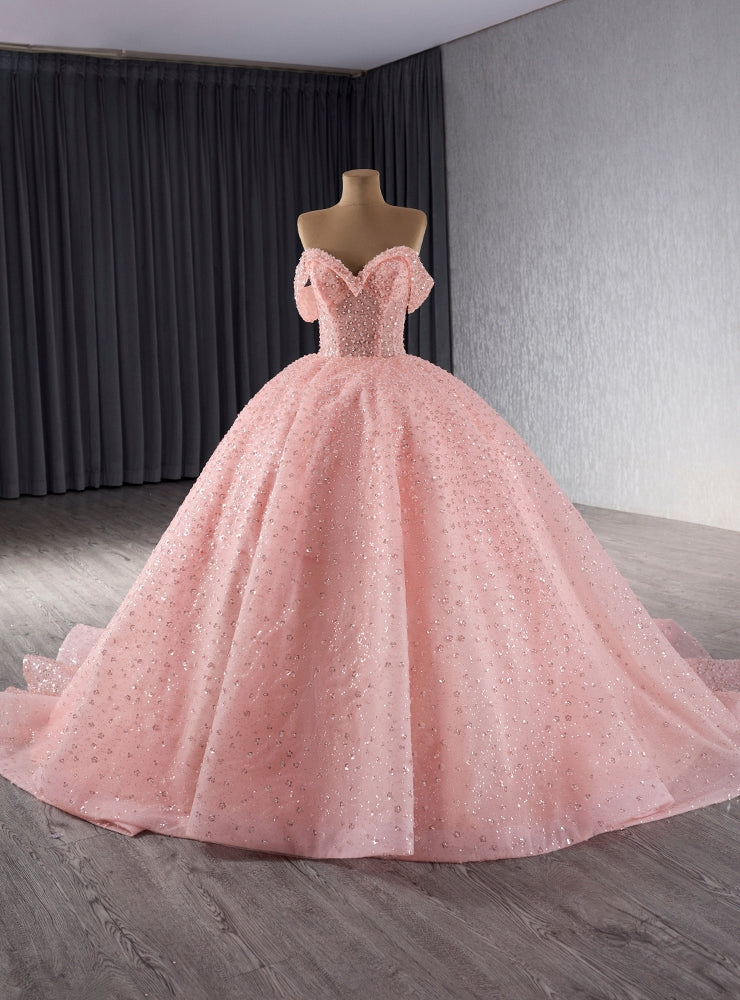 Pink Tulle Sequins Off the Shoulder Princess Prom Dress