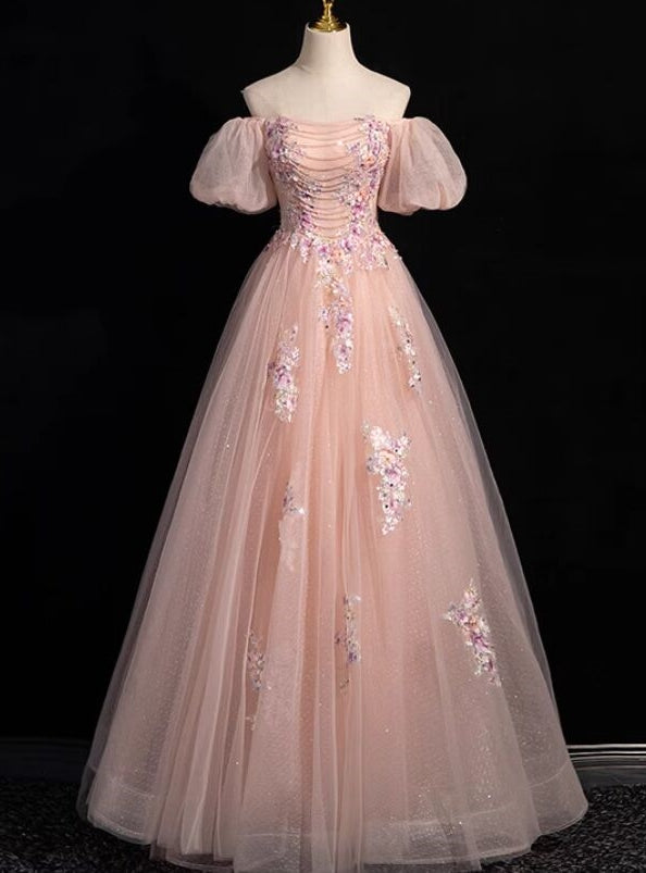 Pink Tulle Sequins Puff Sleeve Flower Prom Dress