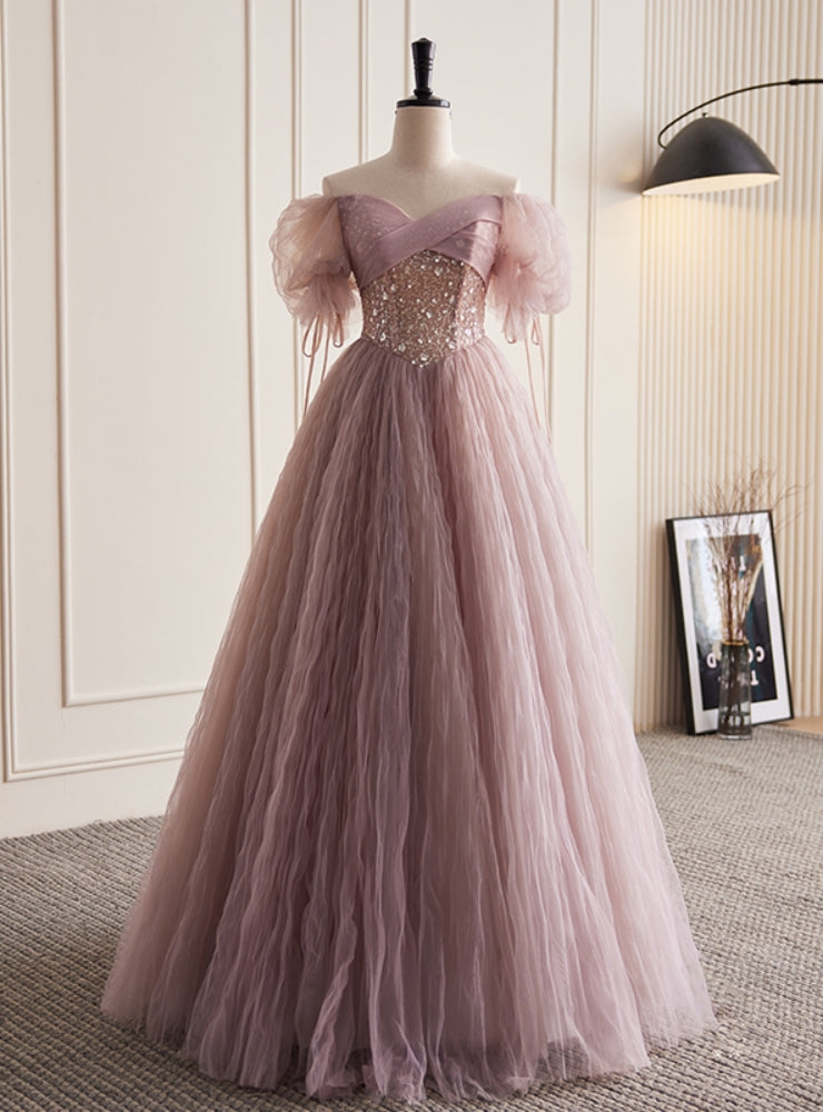 Pink Tulle Sequins Puff Sleeve Prom Dress