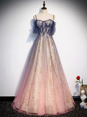 Pink Tulle Sequins Spaghetti Straps Appliques Prom Dress