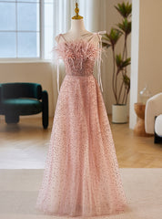 Pink Tulle Sequins Spaghetti Straps Feather Prom Dress