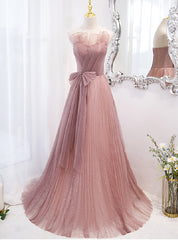 Pink Tulle Sequins Strapless Pleats Bow Prom Dress