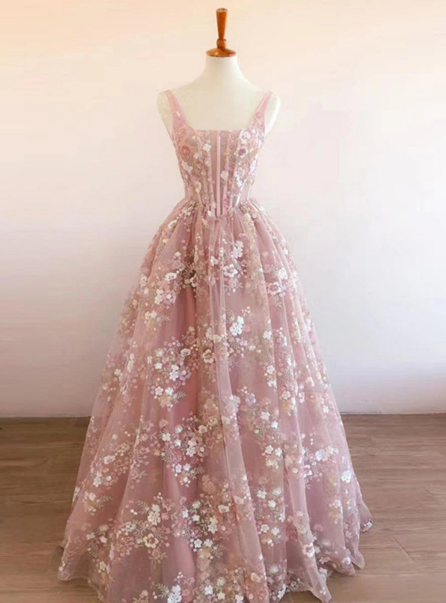 Pink Tulle Sequins Straps Prom Dress