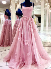 Pink Tulle Spaghetti Straps Flower Prom Dress