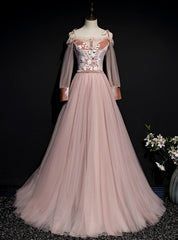 Pink Tulle Spaghetti Straps Long Sleeve Appliques Prom Dress