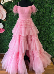 Pink Tulle Spaghetti Straps Pleats Feather Prom Dress