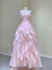 Pink Tulle Strapless Appliques Prom Dress