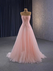 Pink Tulle Strapless Beading Prom Dress