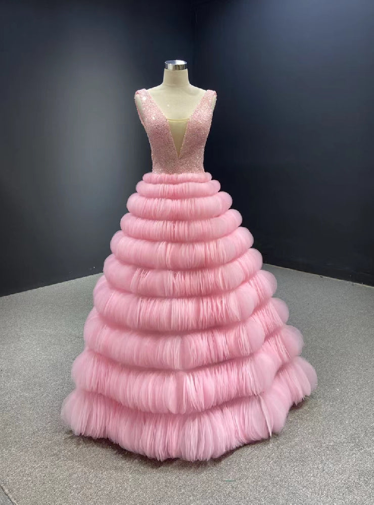 Pink Tulle Tiers V-neck Backless Beading Prom Dress