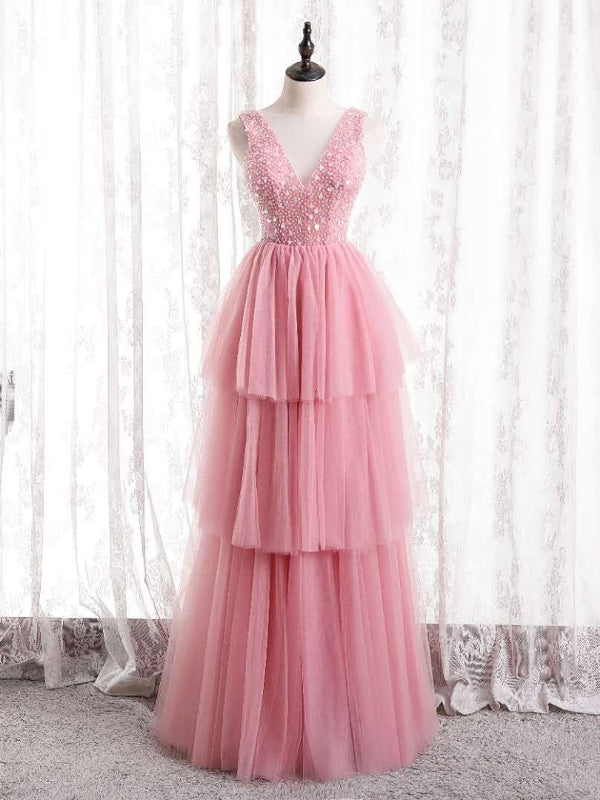 Pink Tulle V-neck Beading Sequins Prom Dress