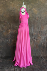 Plunging V-neck Ruffles Pleated Fuchsia Bridesmaid Dress With Silt