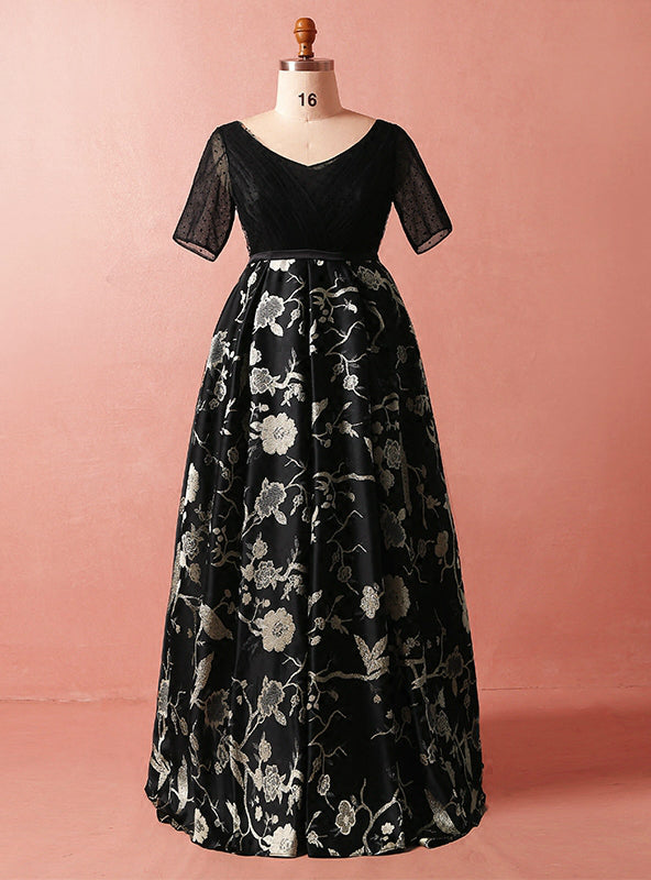 Plus Size Black Print High Waist Short Sleeve Prom Dress