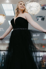 Plus Size Black Tulle Long Prom Dress with Beading