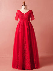 Plus Size Red Lace Tulle Short Sleeve V-neck Prom Dress