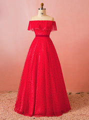 Plus Size Red Tulle Wave Point Off The Shoulder Floor Length Prom Dress